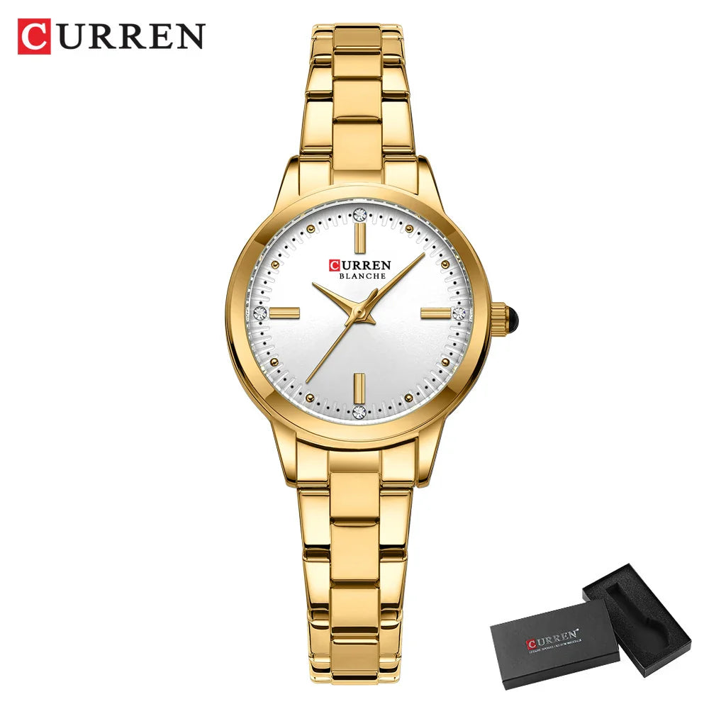 CURREN Simple Round Dial Fashion Dress Quartz Watches for Ladies with Stainless Steel Bracelet Luxury Wristwatches