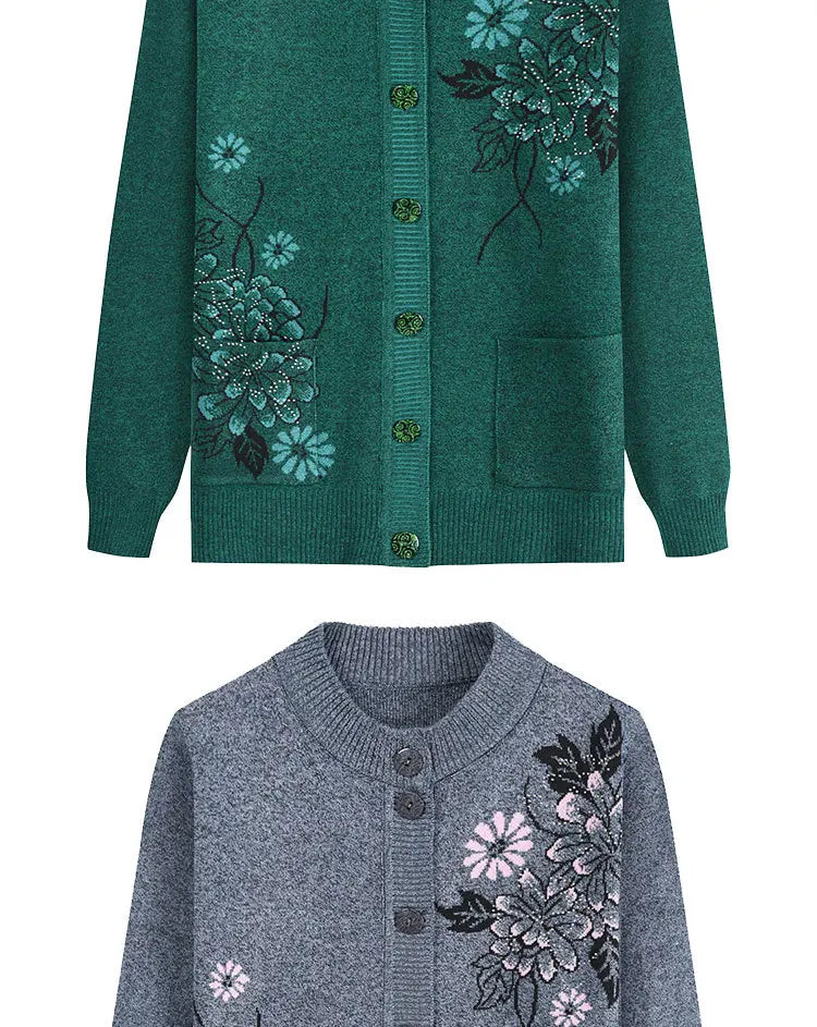 Print Middle-Aged Elderly Mother's Spring Autumn Long-Sleeve Sweater Women