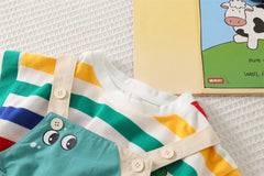 Summer New 2025 Fashionable Children's Boys' Colorful Striped Cotton Short Sleeved/cartoon Dinosaur Overalls Two-piece Set 1