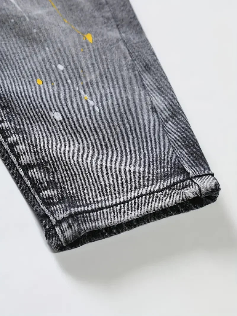 Men's Casual Creative Street Style High Stretch Paint Splatter Ripped