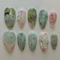 24Pcs Short Round Head Almond Fake Nails with Flowers Grass Pattern Wearable