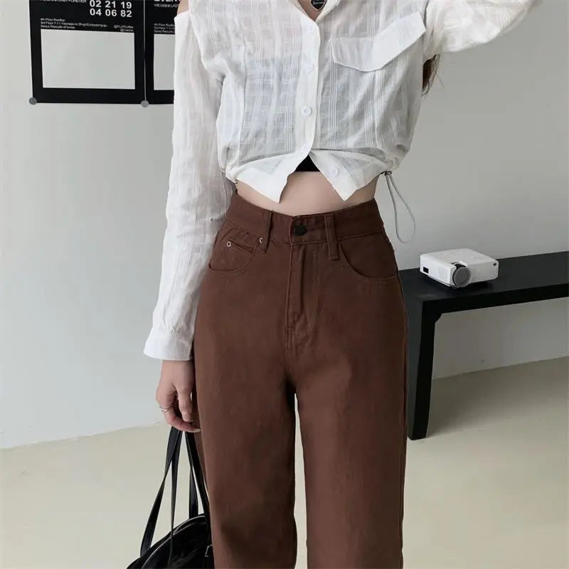 Summer Women Brown Jeans High Waist Loose Straight Wide Leg Denim Trouser