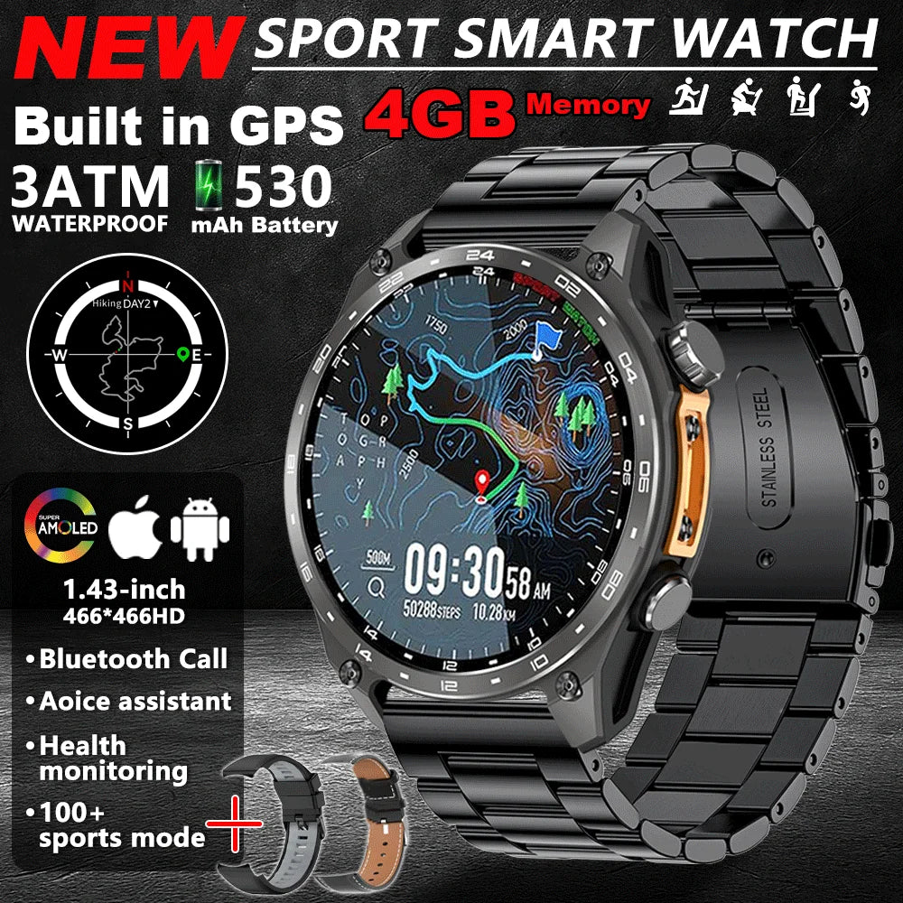 2025New Built-in GPS Offline Map Position Smart Watch Men 4GB Memory 3ATM Waterproof MP3/4 Compass BT Call Swim Sport Bracelets
