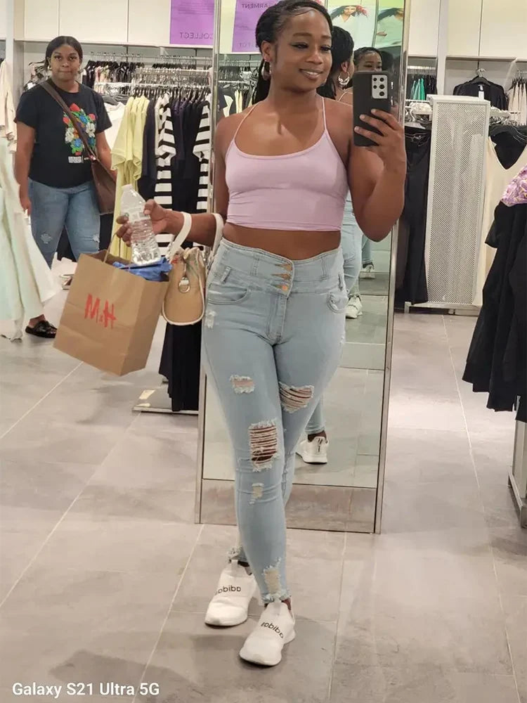Women High Waist Stretch Skinny Ripped Jeans Lady Slim Fit Hip Wrap Denim Pencil Pants Y2k Punk Streetwear Light Blue Trousers