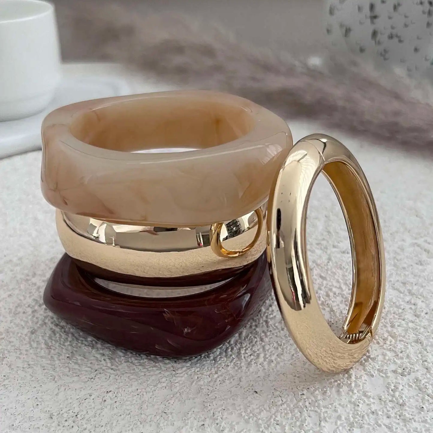 IngeSight.Z 3 Styles Vintage Irregular Resin Bangle Bracelets Women Punk Geometric Wide Metal Bracelet Chunky Party Jewelry Gift