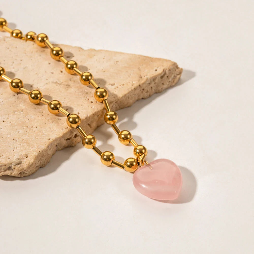 Youthway Delicate Clear Glass Heart Stainless Steel Necklace Bracelet Set Waterproof Golden Trendy Jewelry Boucle Oreille Femme