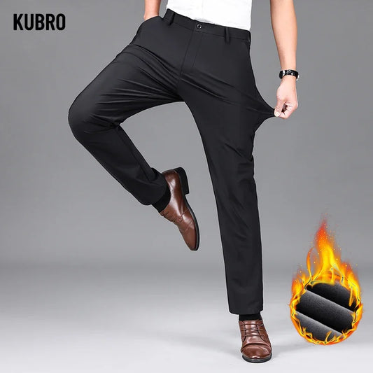 Suit Pants Men's Slim Beaver Fleece Warm Casual Pants Elasticity Straight