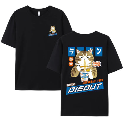 Harajuku Cat Cartoon Eating Noodles Graphic Men Women Tshirts Casual Short Sleeve Tees Japan Style Oversized T Shirt Clothing