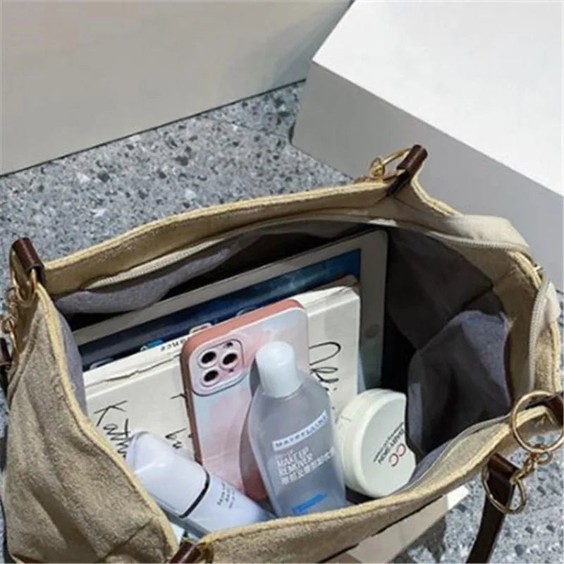 Solid Color Shoulder Bag, Trendy Letters Tote Bag, Canvas Campus Handbag for Women