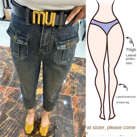 Y2k Women Jeans Large Size Women's European High-waisted Elastic Jeans