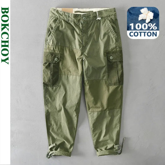 Men's 100% Cotton Multi-pocket Casual Patchwork Pants Daily Comfortable Cargo Pants