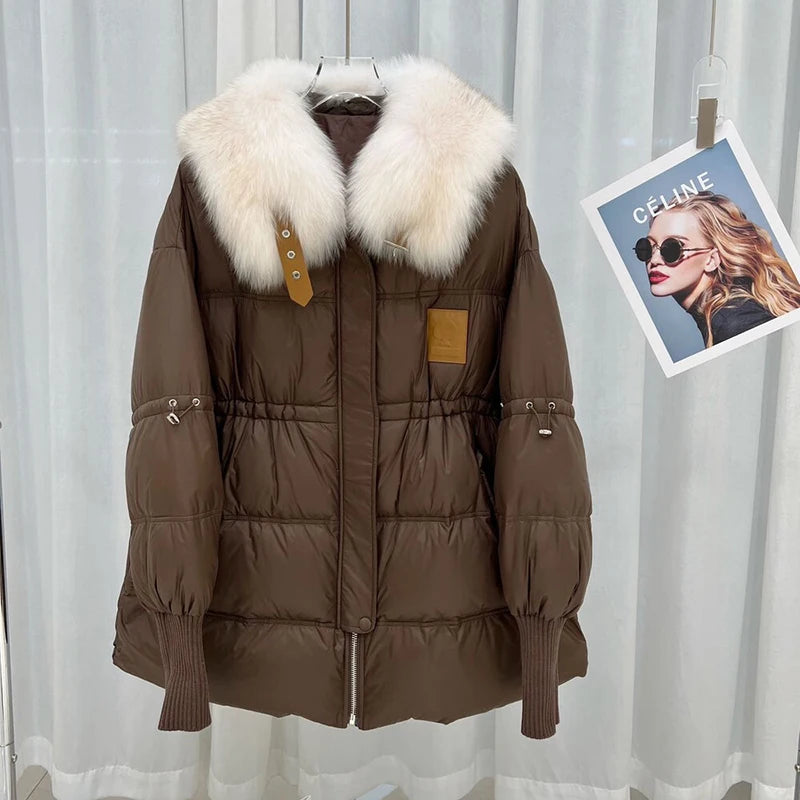 Real fur parka white duck Down Detachable Fur Jacket Mid-Length