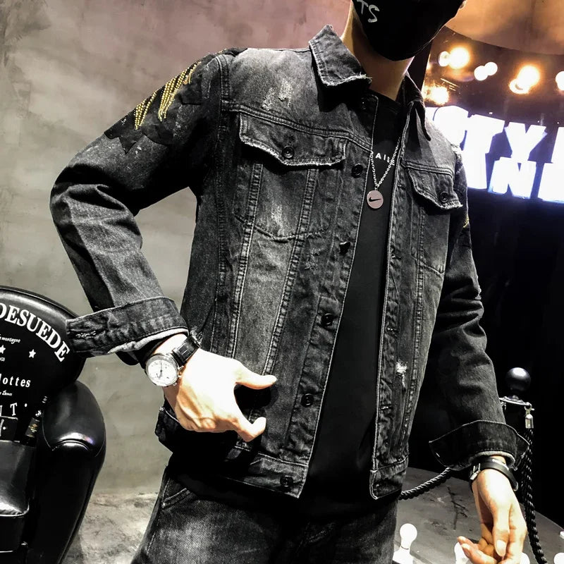 Punk Style Fashion Eagle Embroidered Patch Jean Jacket