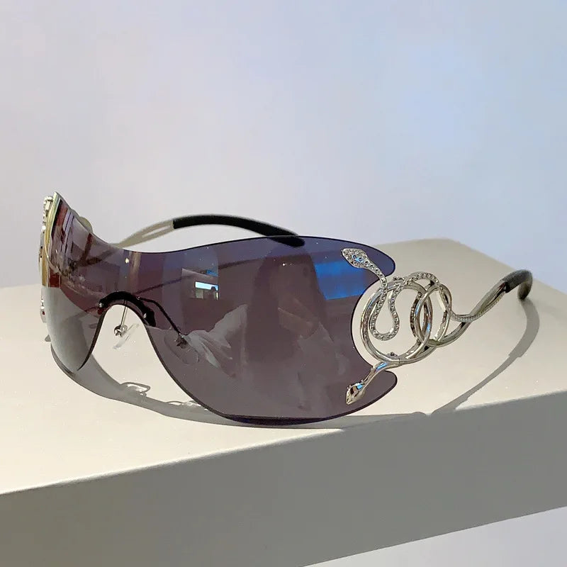 Y2K Rimless Luxury Brand Designer Sunglasses Women For Men One Piece Trendy Oversized Sun Glasses Metal Snake Pink Punk Shades