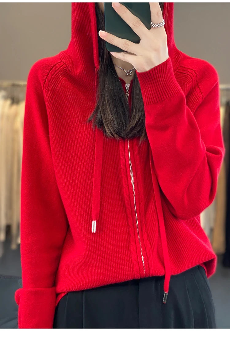 autumn and winter hooded cardigan women's knitted top loose sweater casual