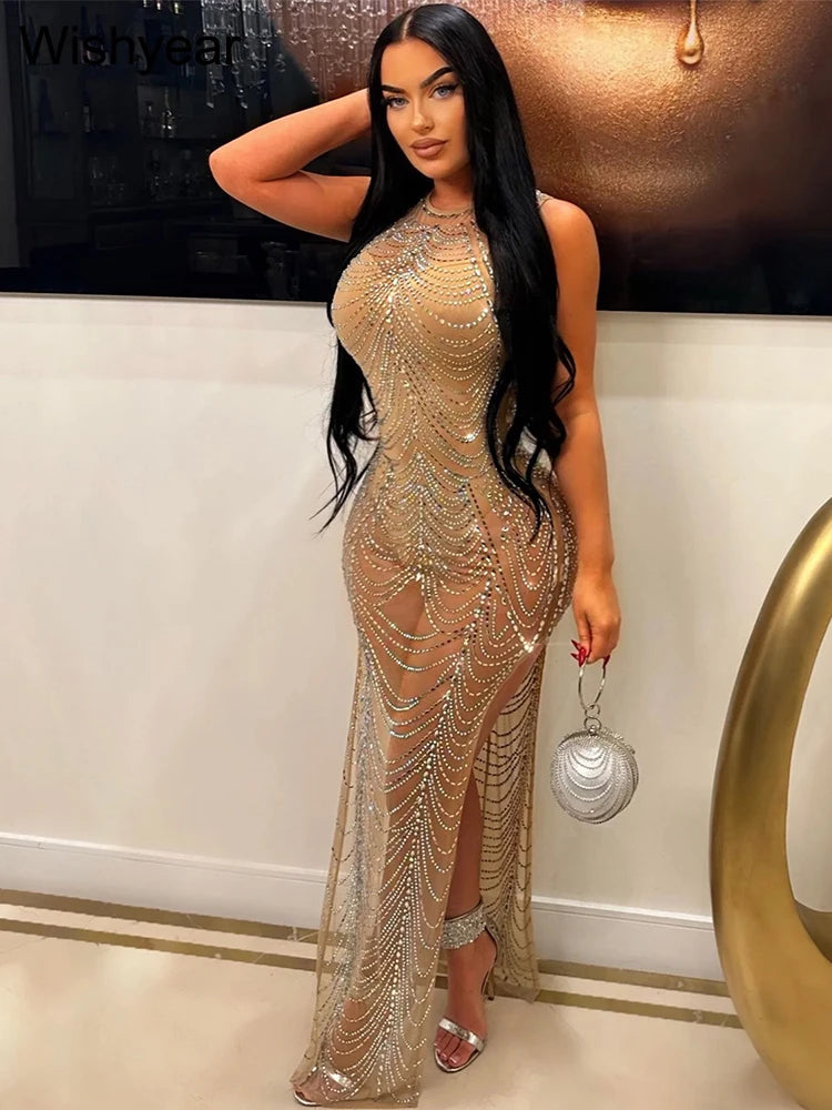 Evening Dresses: Diamonds Rhinestones Mesh Birthday Bodycon Maxi Dress for Women