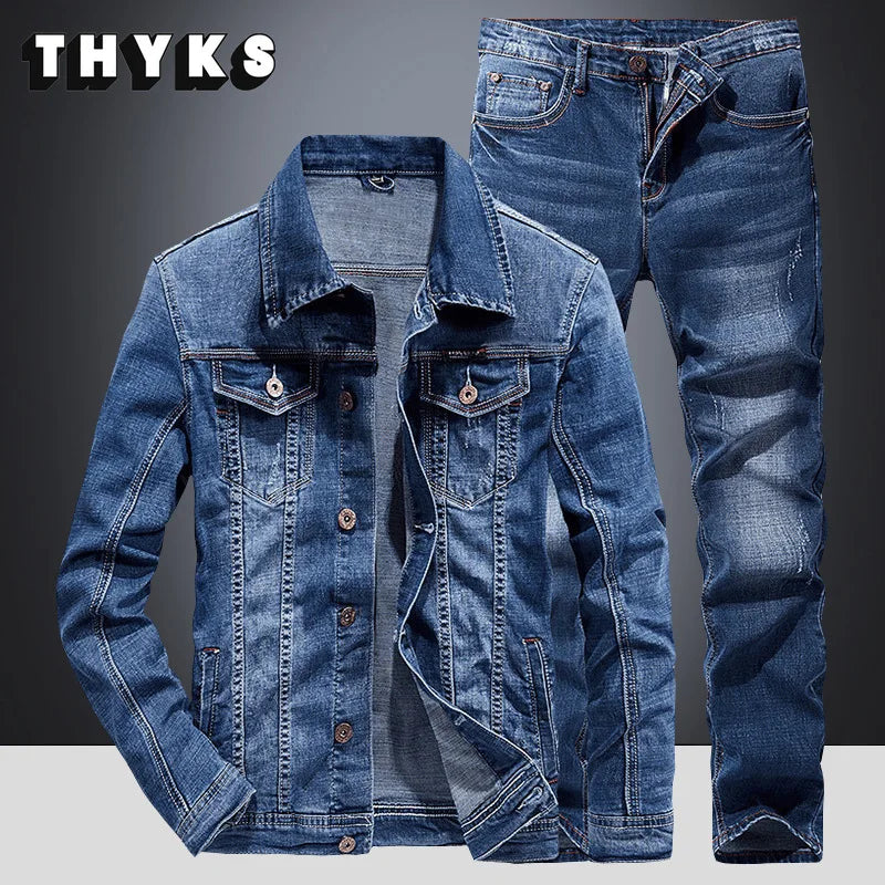 Sets Blue Jean Jackets Men's Fashion Multi Pockets Loose Casual Cotton Vintage  Coats