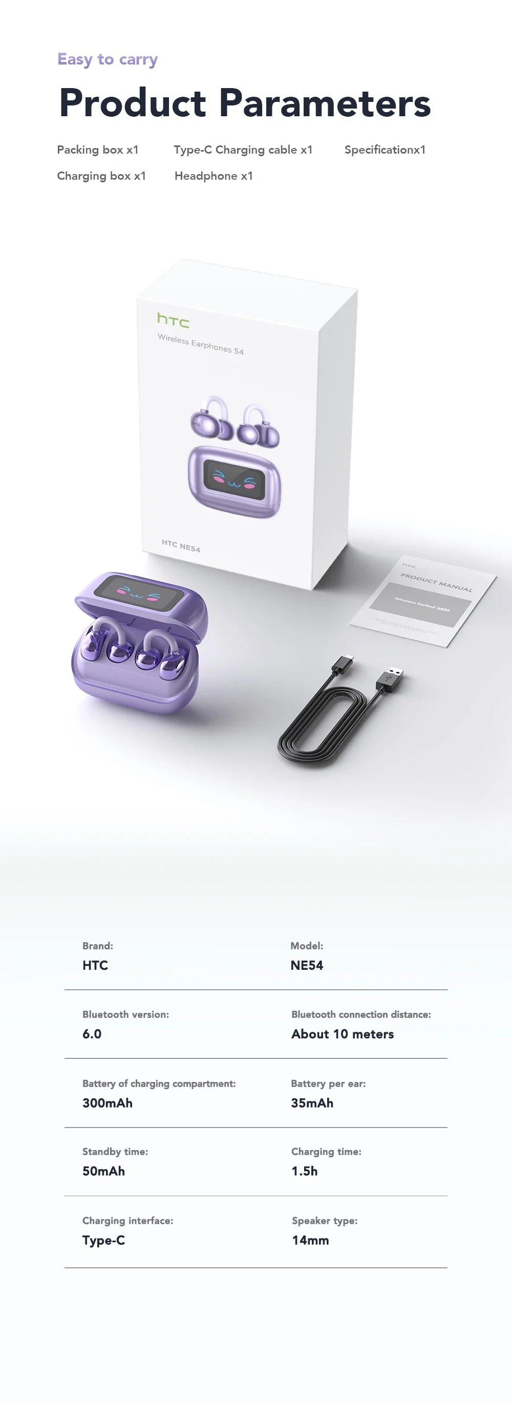 【HTC NE54】 Bluetooth V6.0 Earphones AI Translator LCD Screen Earbuds OWS Ear Clip Headphones Wireless Headphones Noise Reduction