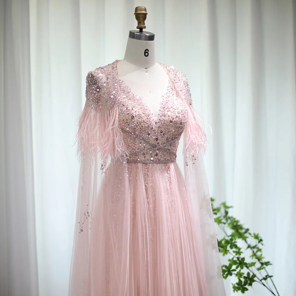 Homecoming Dresses: Evening Dresses with Feather Cape Shawl Arabic Formal