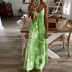 Plus Size Lady Spring Summer Dress Green Floral Print V-Neck Long Dresses