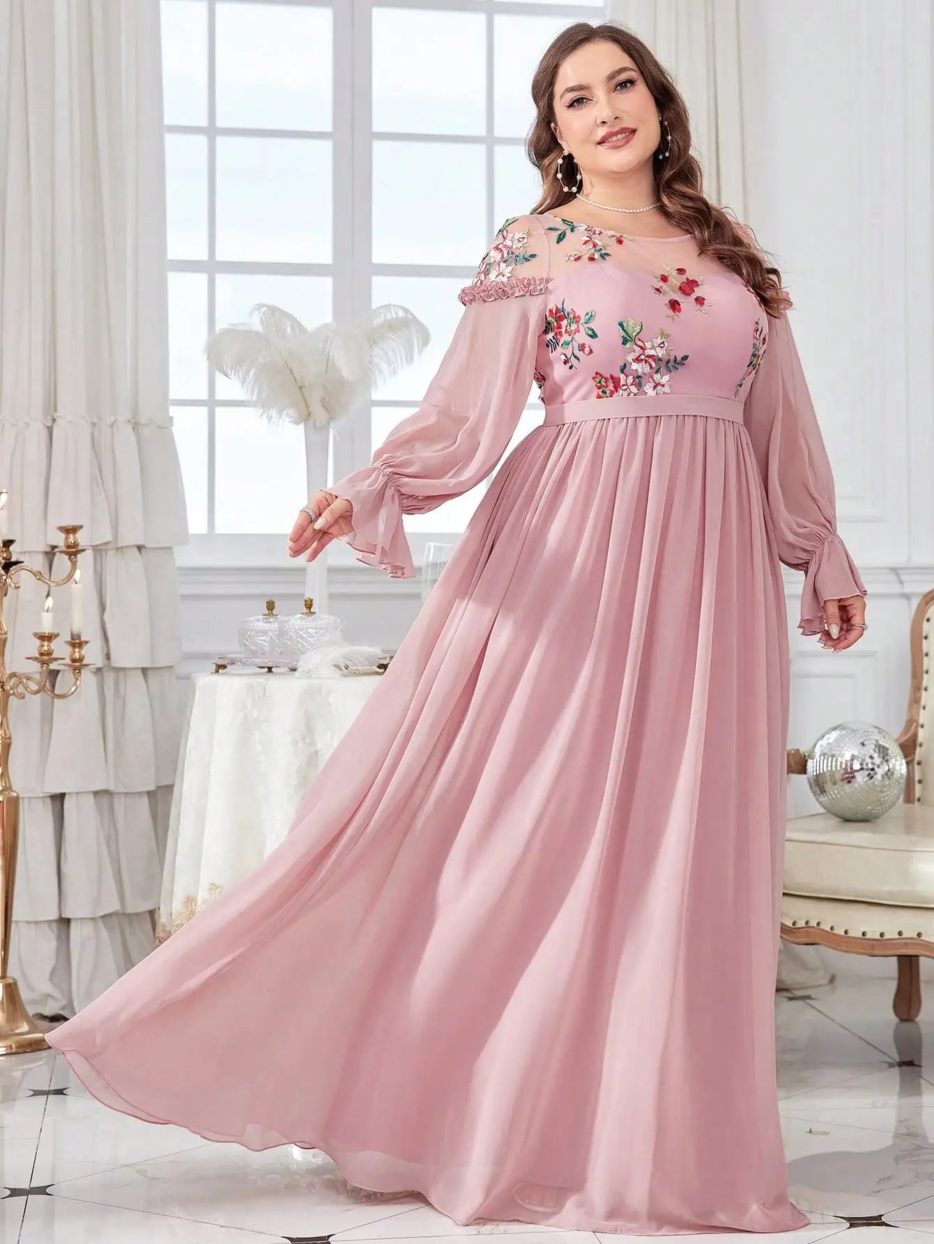 Mgiacy plus size Round neck Color embroidered half-through chiffon chiffon long sleeve dress Evening gown Ball dress Party dress