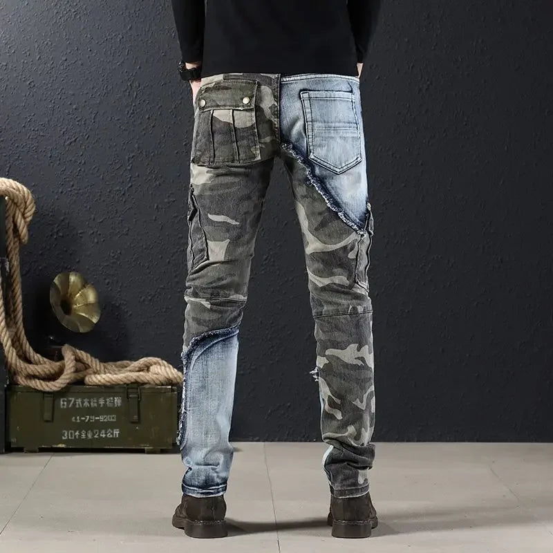 Splicing Camouflage Jeans for Men Graphic Tapered Male Cowboy Pants with Pockets