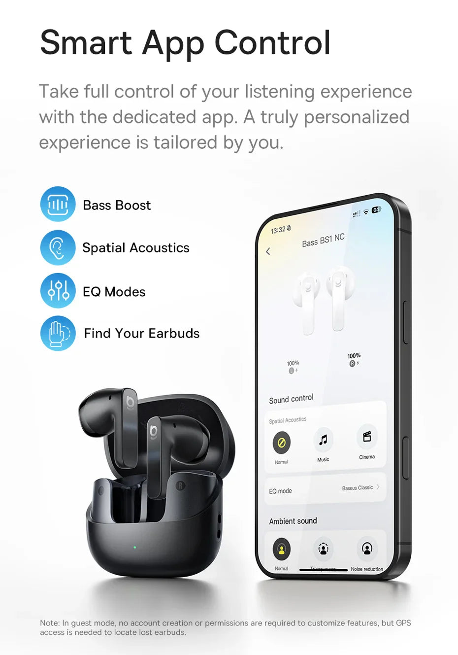 Baseus Bass BS1 NC -40dB Realtime Adaptive ANC Wireless Earbuds Bluetooth 6.0 Semi-Open Earphones LDAC Hi-Res Audio 6-Mic AI ENC