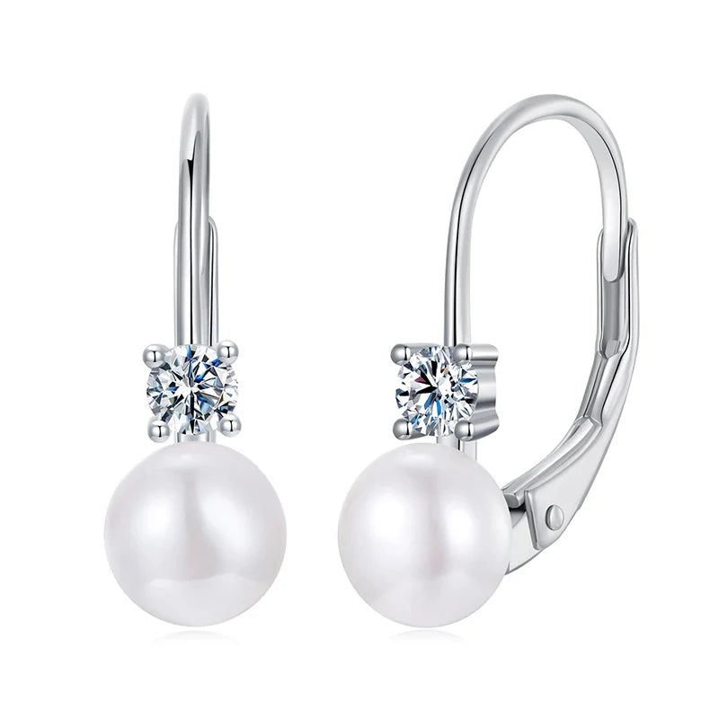 BAMOER Moissanite Freshwater Pearl Earrings for Women Wedding, Round Cut Lab Diamond 925 Sterling Silver Drop Dangle Ear Buckles