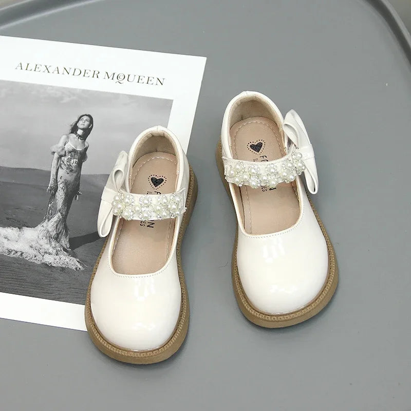 Children Leather Shoes for Girls Glossy Kids Fashion Pearls with Bow Casual