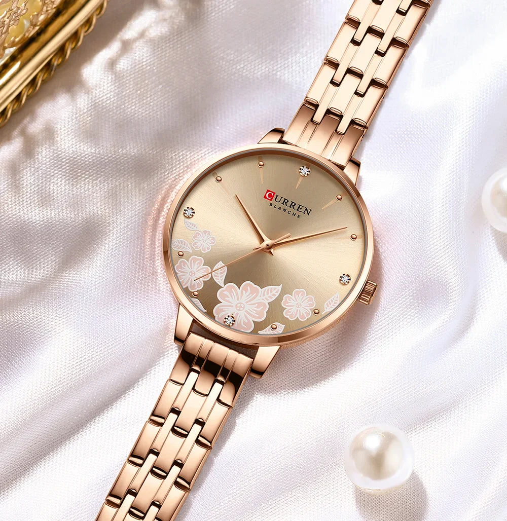 CURREN Fashion Quartz Wristwatches for Women Simple Stainless Steel Watch Bracelet with Flower Design Dial
