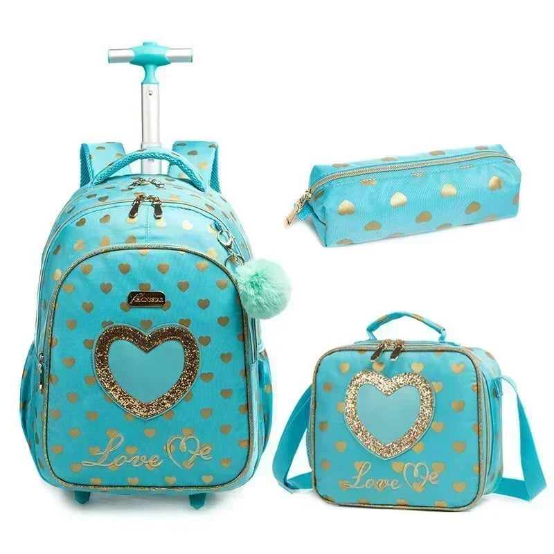 Children's Wheeled Backpack Bag Set with Lunch Box School Rolling Backpack Bag with Wheels School Trolley Backpack Bag for Girls