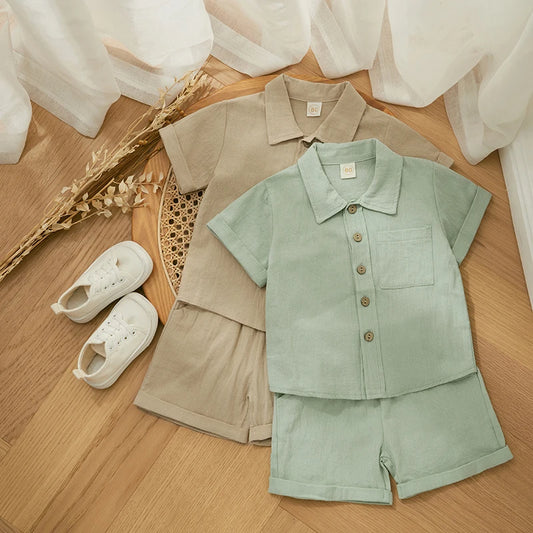 Fashion New Summer Toddler Boy Clothes Set Kids Cotton Linen Outfits Solid Color Short Sleeve Button Down Shirt Tops Shorts Suit
