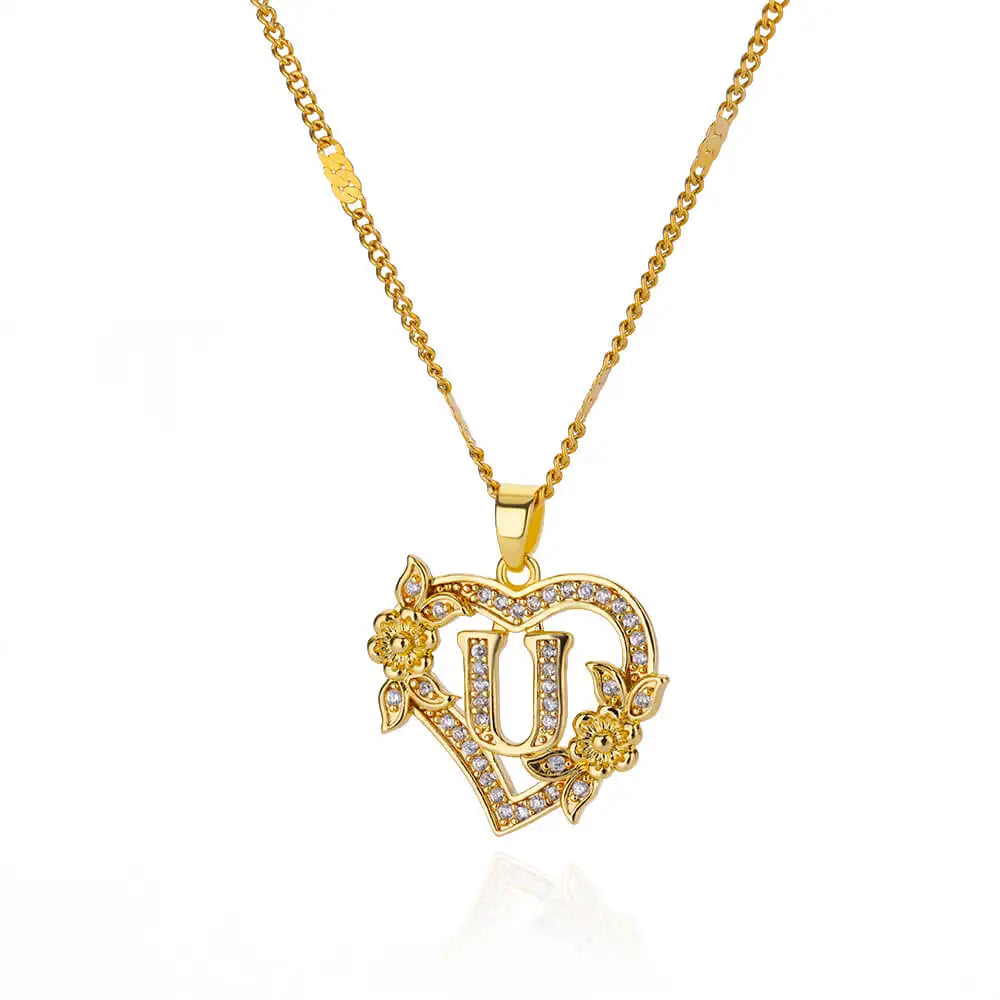 Flower Zircon Initial Heart Pendant Necklaces For Women 2024 Trend Stainless Steel Letter Necklaces Jewelry Best Friend Gifts