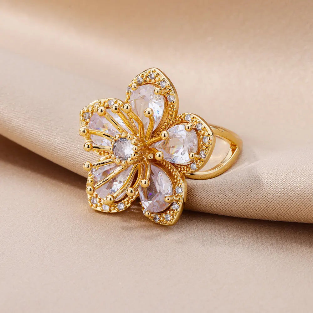 Pink Zircon Flower Rings for Women Gold Color Stainless Steel Ring 2024 Trend Elegant