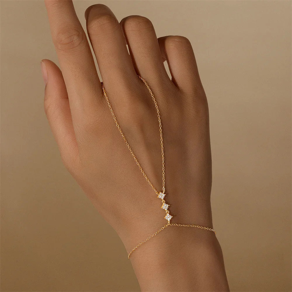 CANNER 925 Sterling Silver Flower Clover CZ Finger Ring Chain Bracelet For Women Ins Hand Chain Horse Eye Jewelry Party Gift