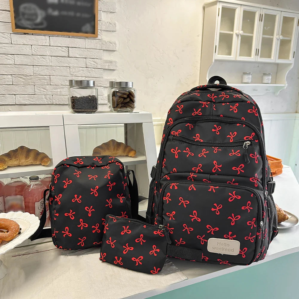 Korean Fashion Bow Print Women's Fashion Backpack Lightweight Simple Student Schoolbag Female Bag Set Three-Piece