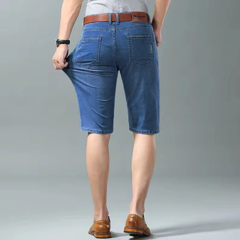 Summer Men Denim Shorts New Style Thin Embroidery Business Casual Straight  Short Jeans Male Brand Clothing Black Blue