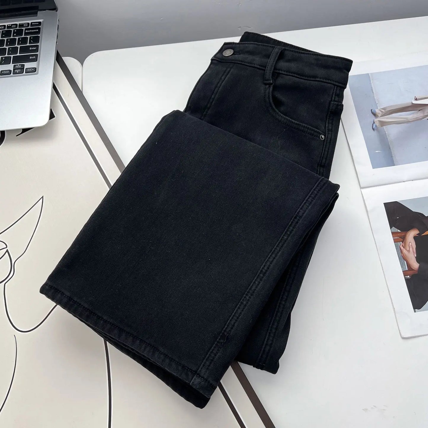Autumn And Winter 100KG Fleece-lined Denim Full Length Pants Plus Size Women's