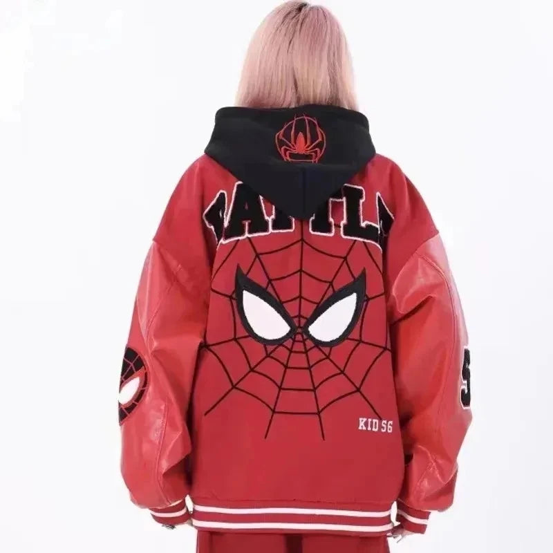 Jackets Men Embroidery Baseball Jacket removable Hat Spliced PU Leather