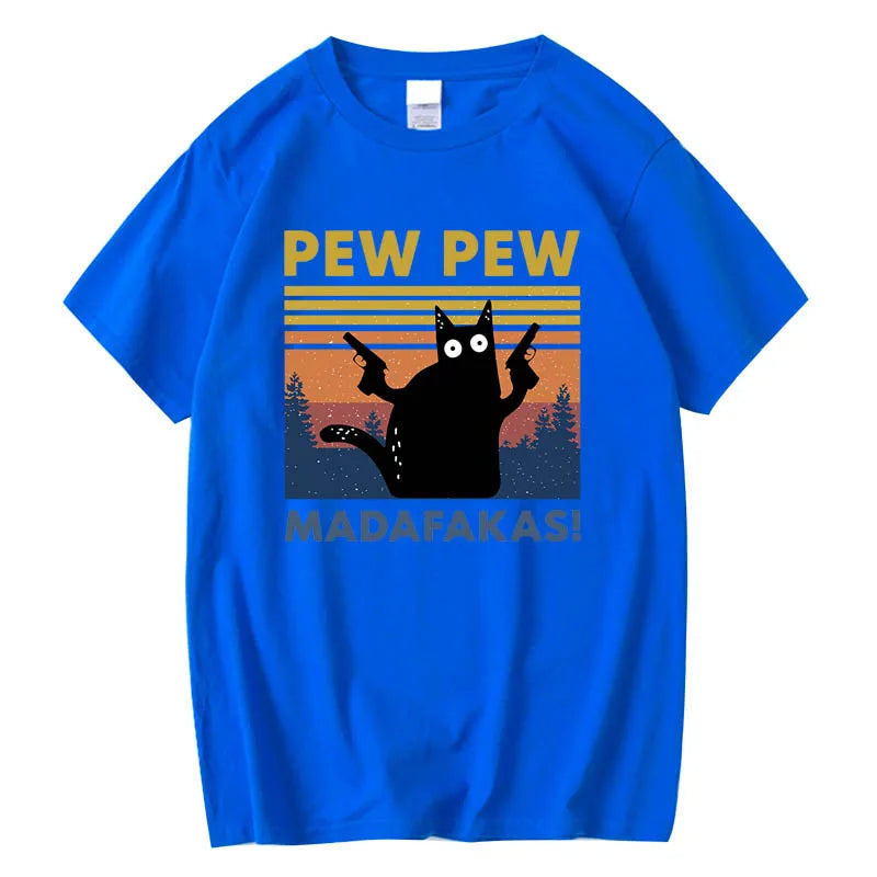 Pew Pew Madafakas Tshirt Men Short Sleeve Novelty Funny Cat T Shirt Cotton Loose Tops Shirts Tee T-Shirt Crew Neck Streetwear
