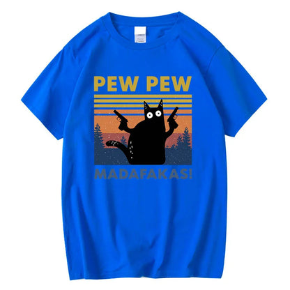 Pew Pew Madafakas Tshirt Men Short Sleeve Novelty Funny Cat T Shirt Cotton Loose Tops Shirts Tee T-Shirt Crew Neck Streetwear