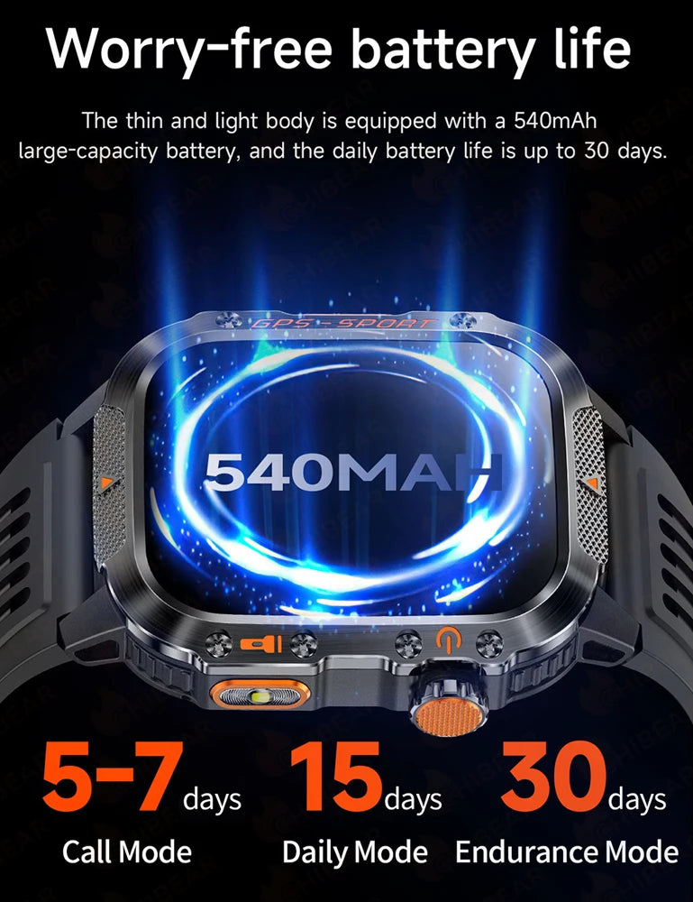 2025 New Military Outdoor Smart Watch Men's GPS Flashlight Bluetooth Call 2.01" AMOLED Screen 3ATM Waterproof Sports Smartwatch