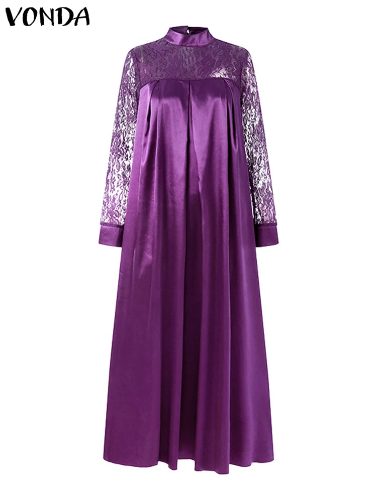 Plus Size 5XL VONDA 2023 Fashion Women Lace Patchwork Maxi Dress Long Sleeve Stand Collar Sundress Elegant Casual Satin Robe