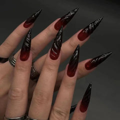 3D Red Black Gradient Halo Dyeing Long Pointed False Nails Halloween Detachable