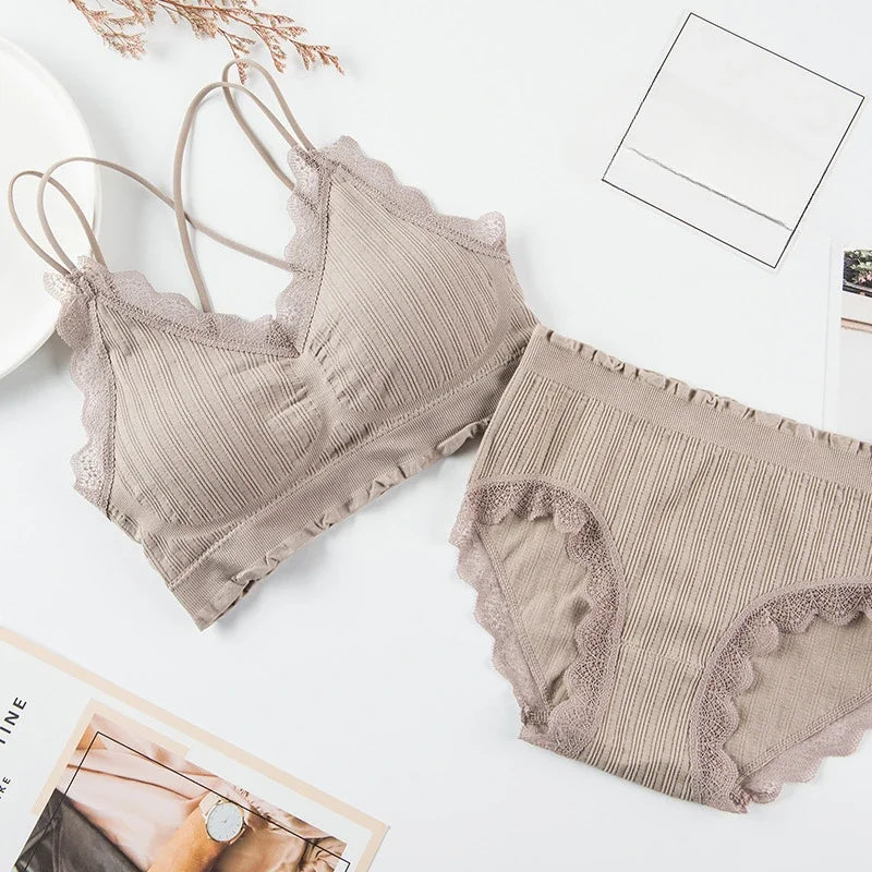Tops Set High Waist Panties Women Wireless Underwear Suit Soft Padded Bras Set