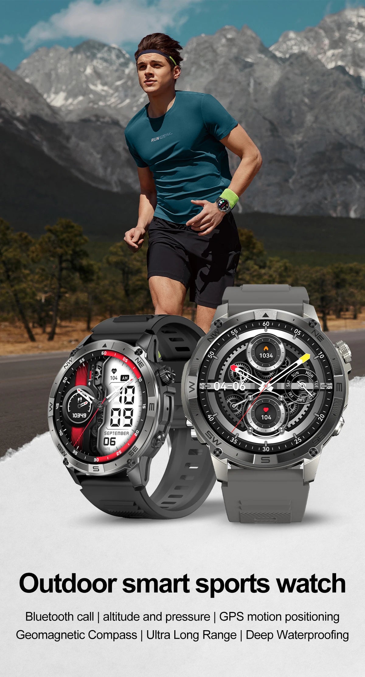 NORTH EDGE GPS Sports Smart Watch 1.43'' Amoled Display AOD Mens Watch Bluetooth Call Altitude Barometer Compass IP68 Waterproof