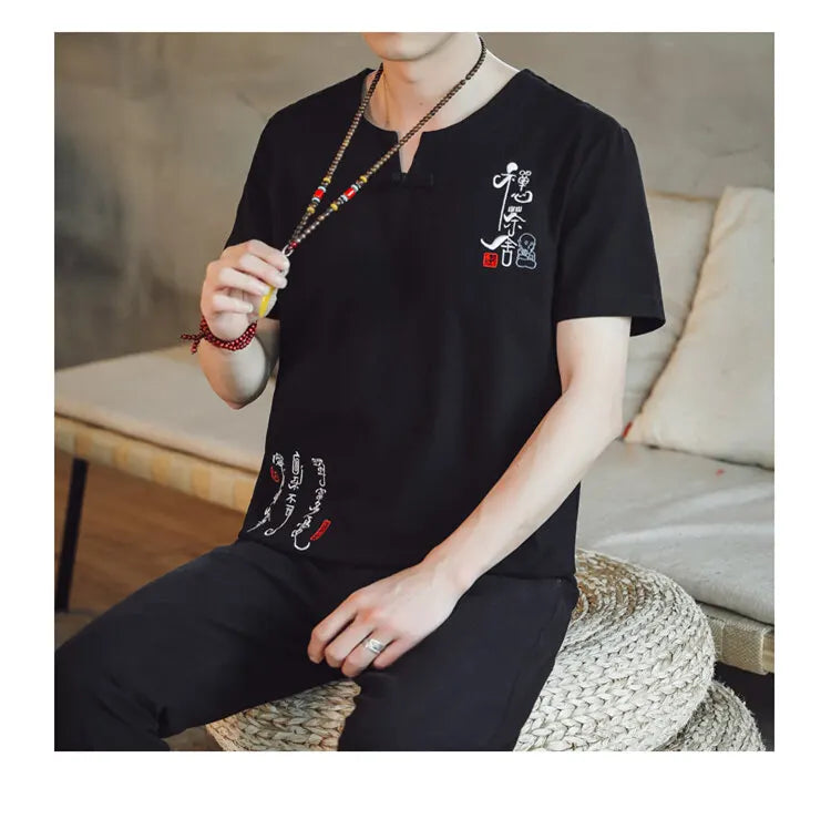 (Shirt + trousers) 2025 summer Chinese Style men shirt Cotton and linen shirts men's High quality casual shirts Two Piece M-5XL