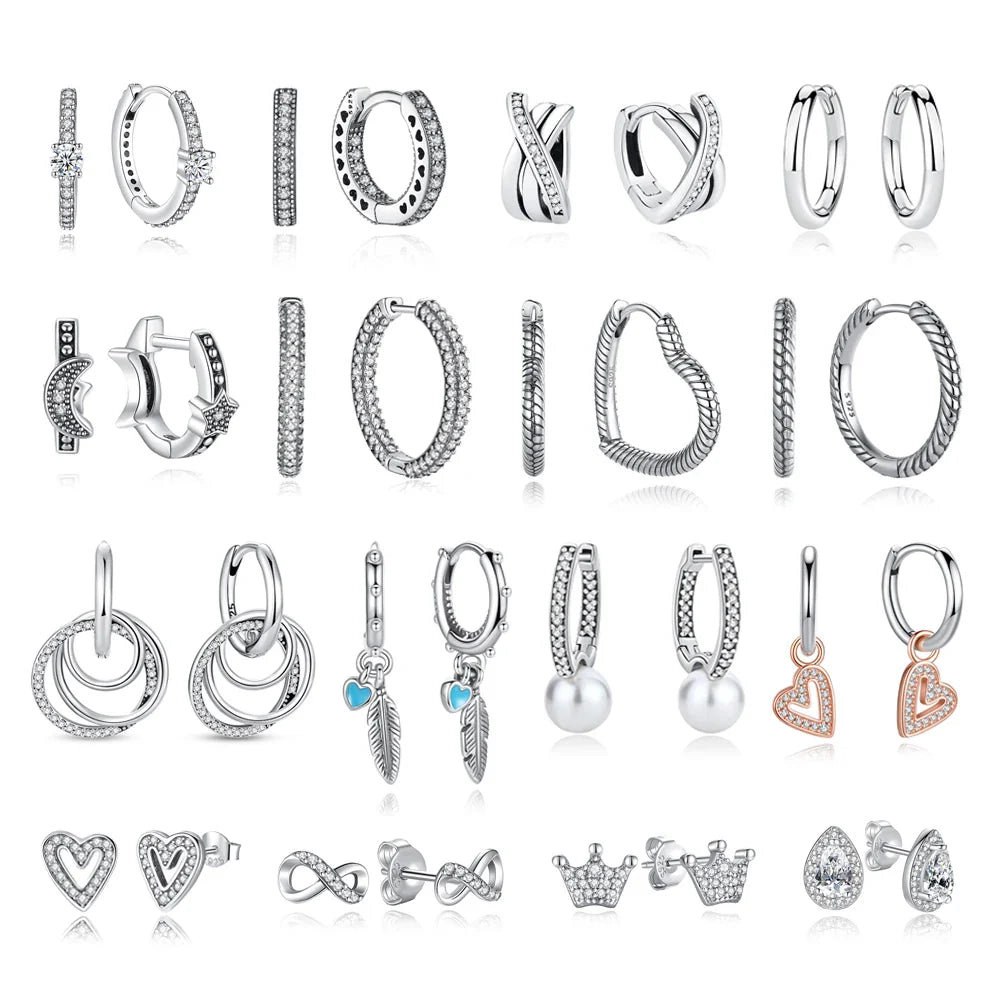 Original 925 Sterling Silver Earrings 2025 Stud Hoop Crystal Earings For Women Rose Gold Crown Heart Infinity Bee Earing Jewelry