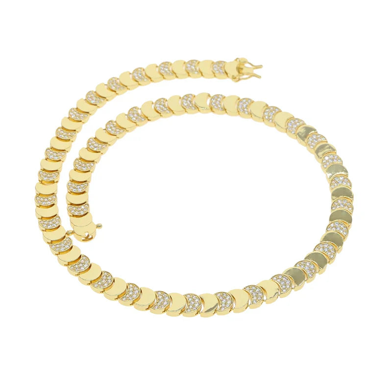 Gold Color Fashion Women Jewelry Set Geometric Shiny Plain Paved 5A CZ Moon Shaped Chain Choker Necklace Bracelet