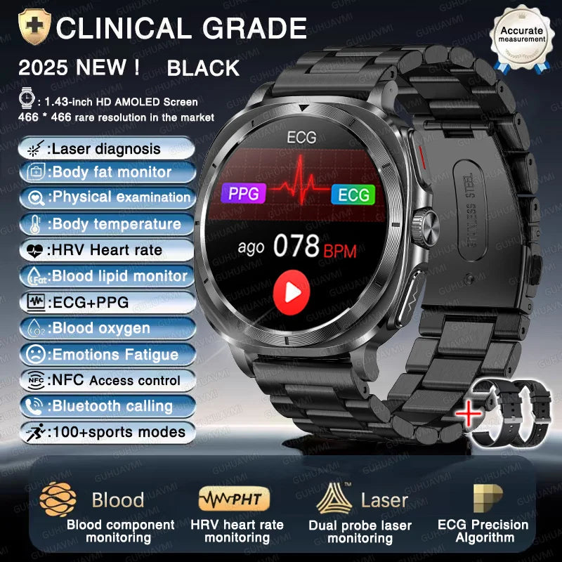2025 Fashion New Expert level Health Smart Watch Men ECG+PPG Laser Monitor Uric Acid Blood Fat Blood Pressure NFC HD Call Watch